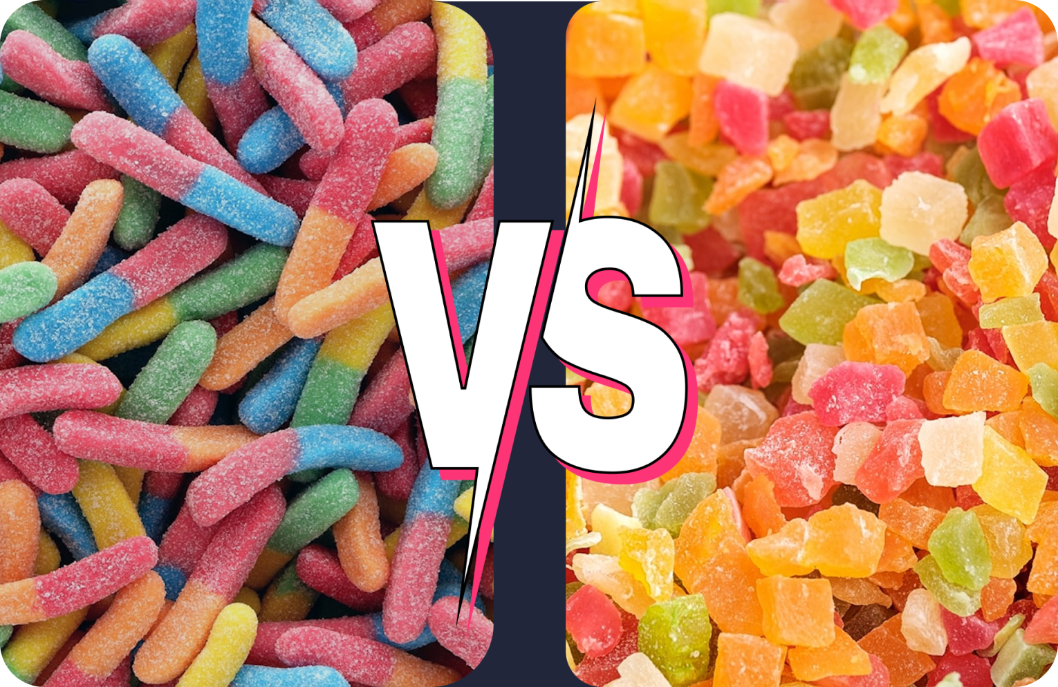 Colorful sour gummy worms versus sugary fruit-shaped candies