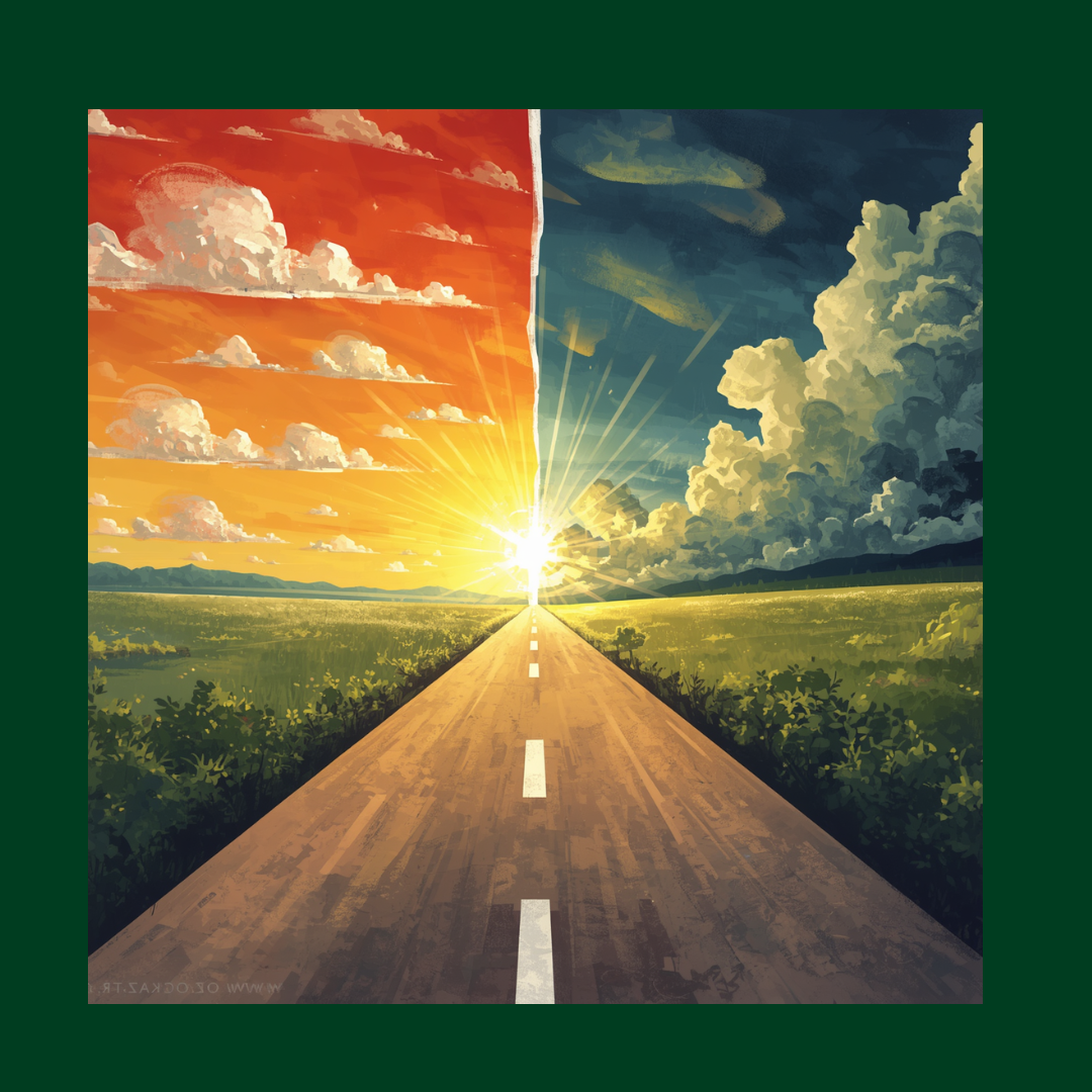 Driving down a road going from sunny to cloudy.