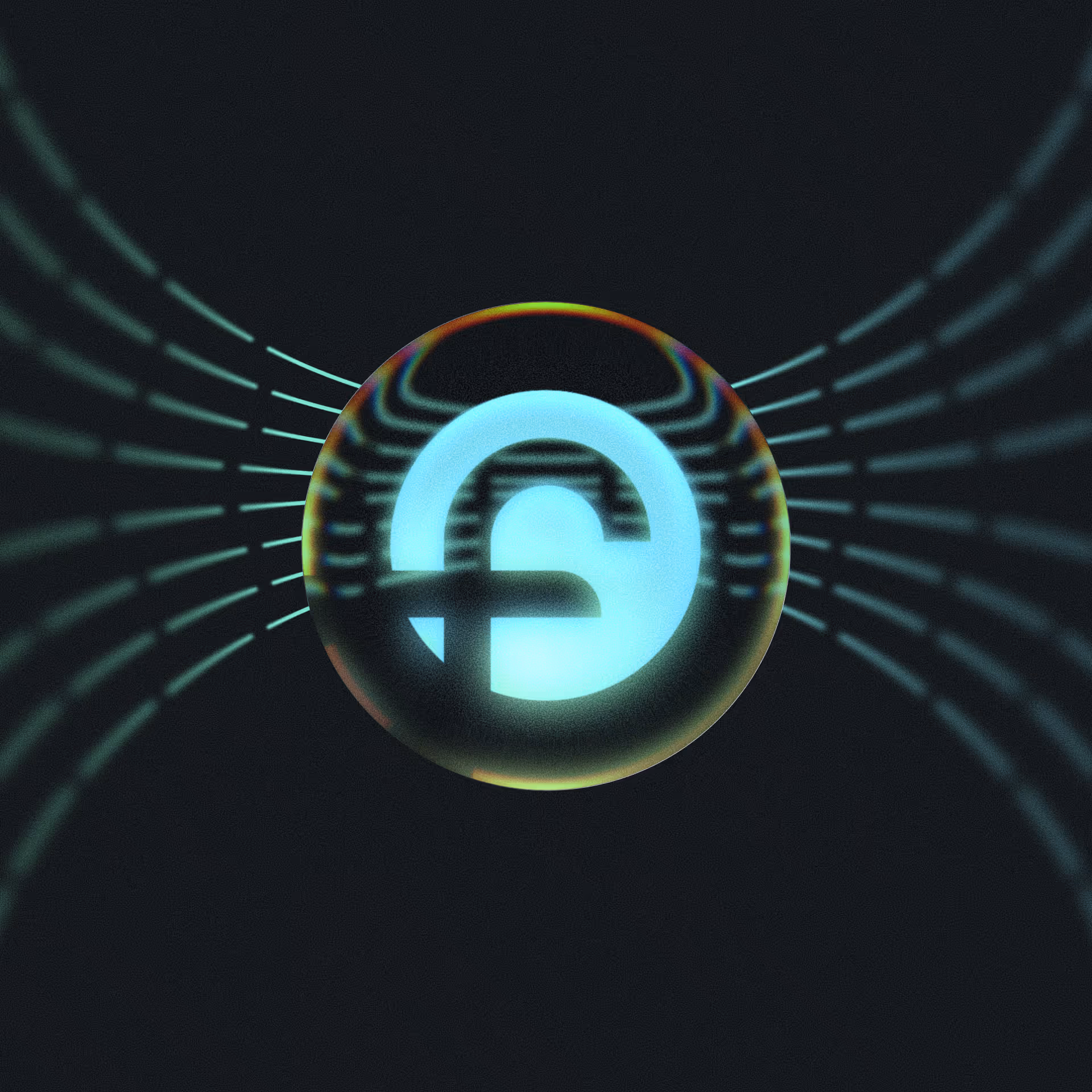 Glowing translucent sphere with an abstract lock symbol and light rays on a dark background.
