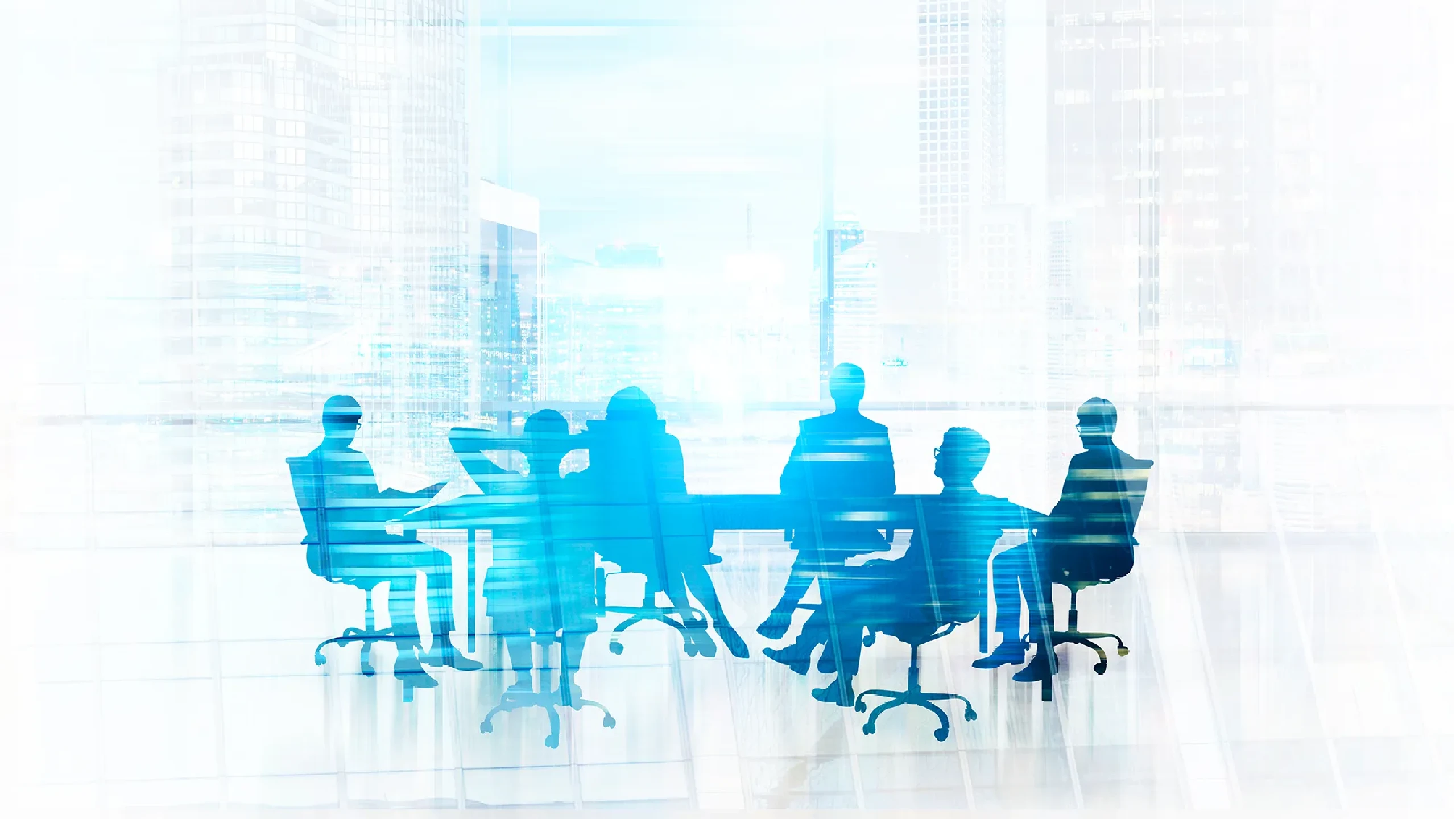 Careers page header - cyan colored illustration of team members sitting around a meeting table with a large window in the background showing city skyline