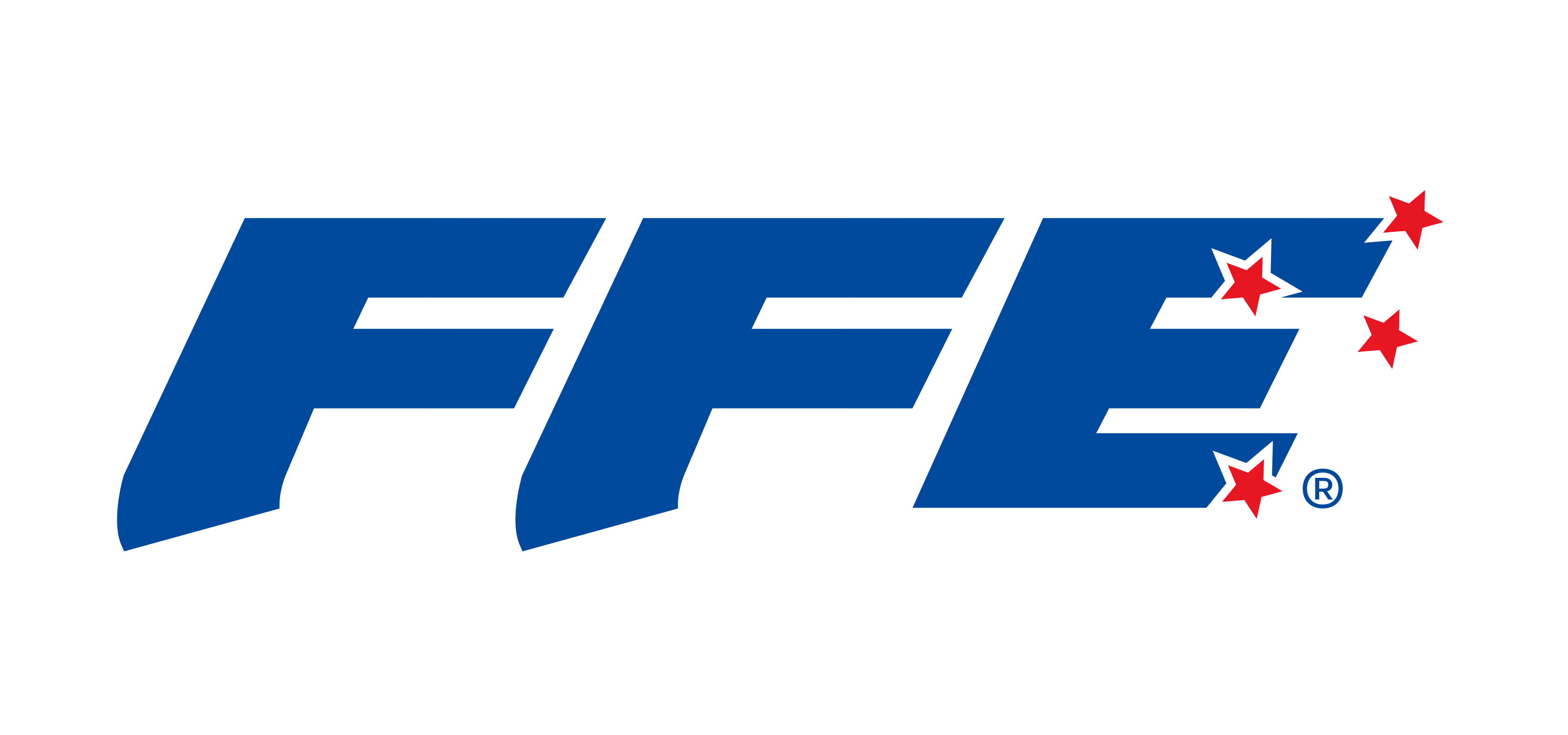 FFE logo with blue letters and five red stars with white outlines on a transparent background.
