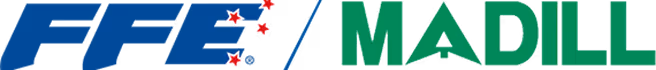 FFE in blue with red stars and MADILL in green with a star forming the letter A.