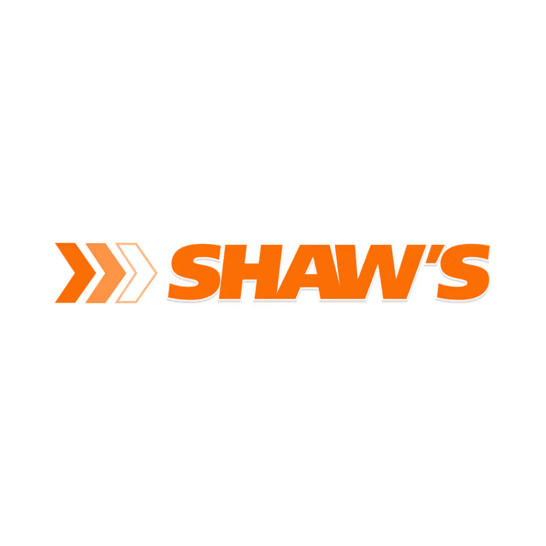 Orange stylized arrows pointing right next to the bold orange text 'SHAW'S'.