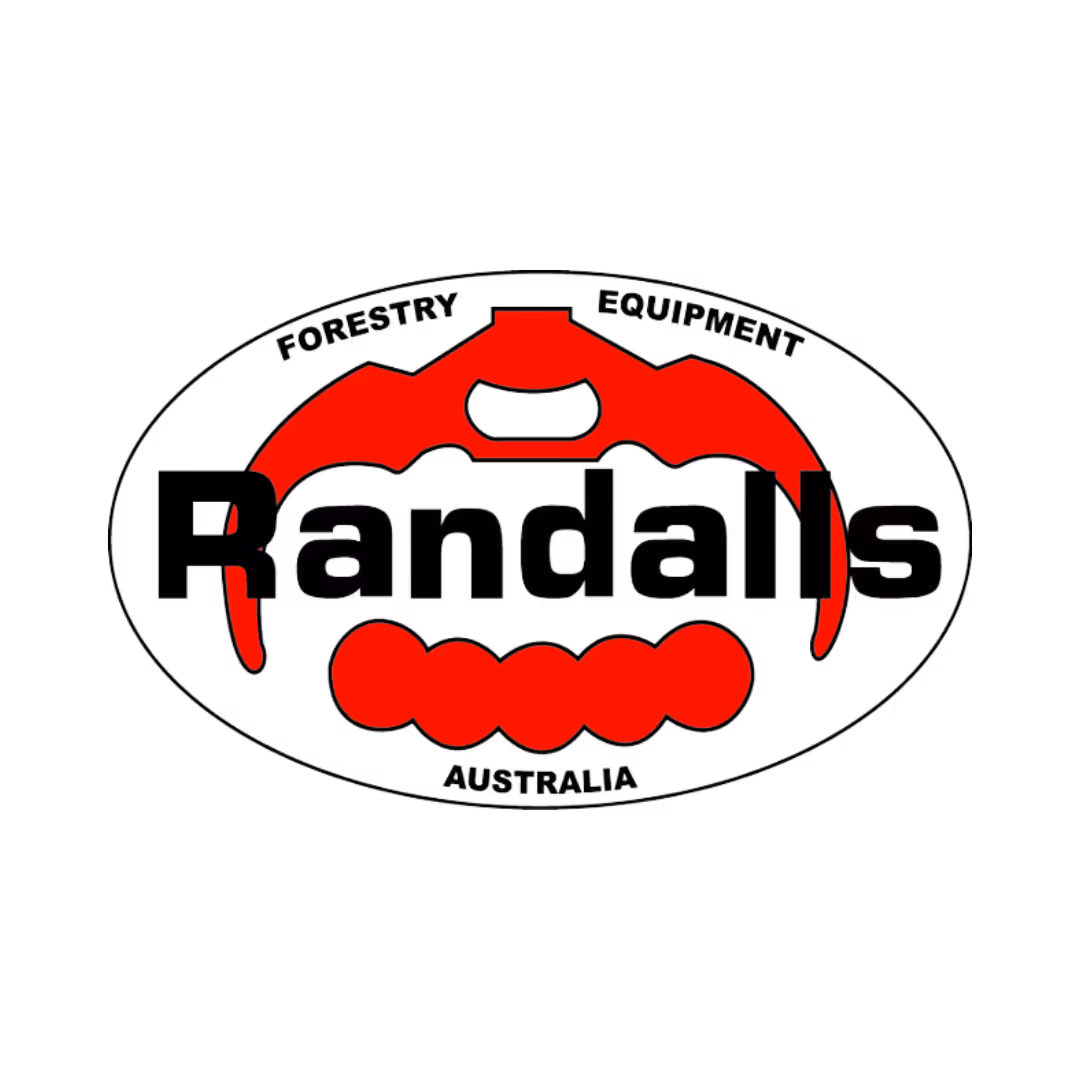 Randalls logo with red forestry equipment graphic inside black oval outline.