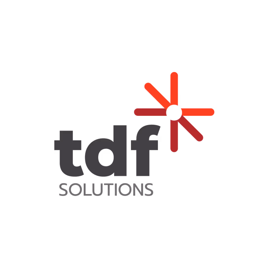 Tdf Solutions logo with lowercase letters and a red starburst symbol on black background.