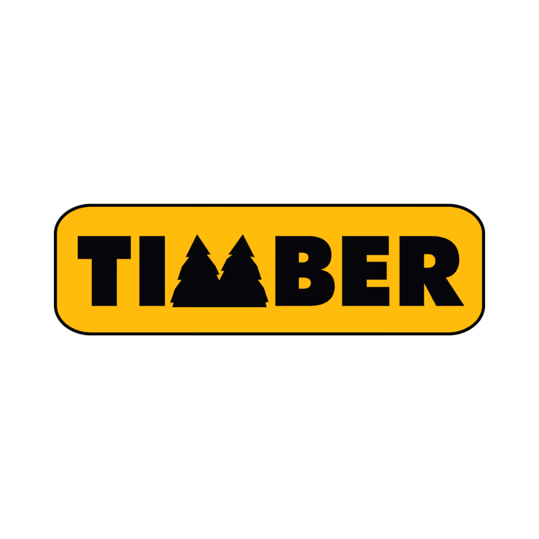 Yellow rectangular logo with black text 'TIMBER' where the M is replaced by two pine trees.