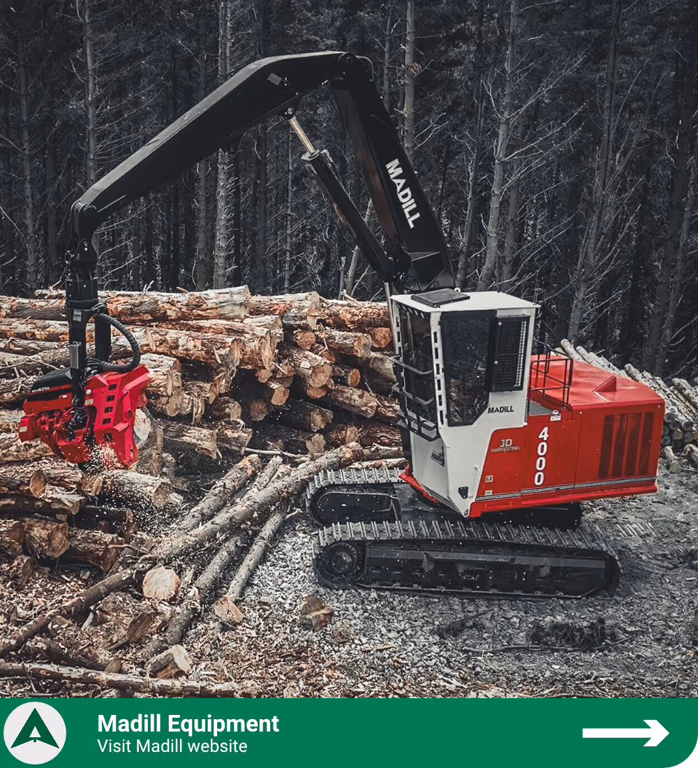 Madill 4000 tracked logging machine with a mechanical arm cutting logs in a forest.