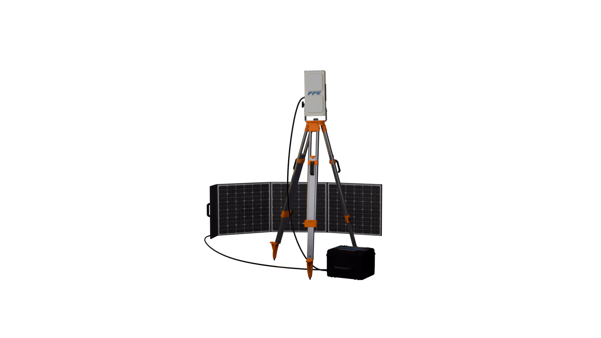 Radio repeater setup on a tripod with a solar panel and a black battery storage box.