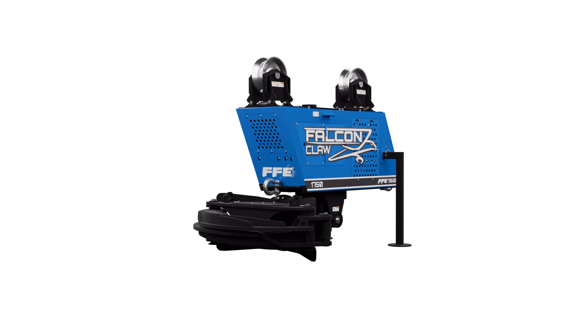 Blue Falcon Claw FFE 1150 industrial machine with two reel components on top against black background.