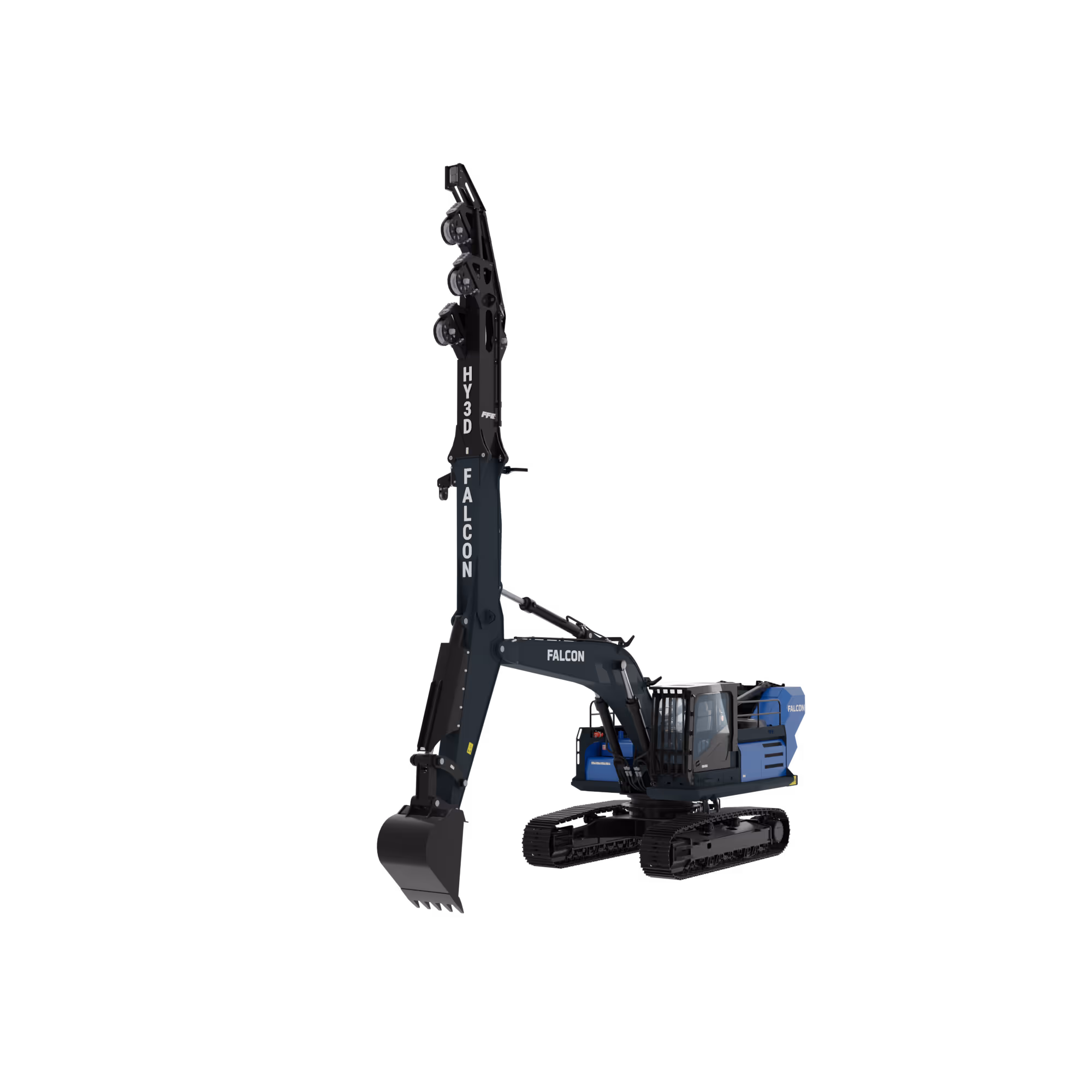 Dark blue Falcon HY3D excavator with extended arm and bucket on black background.