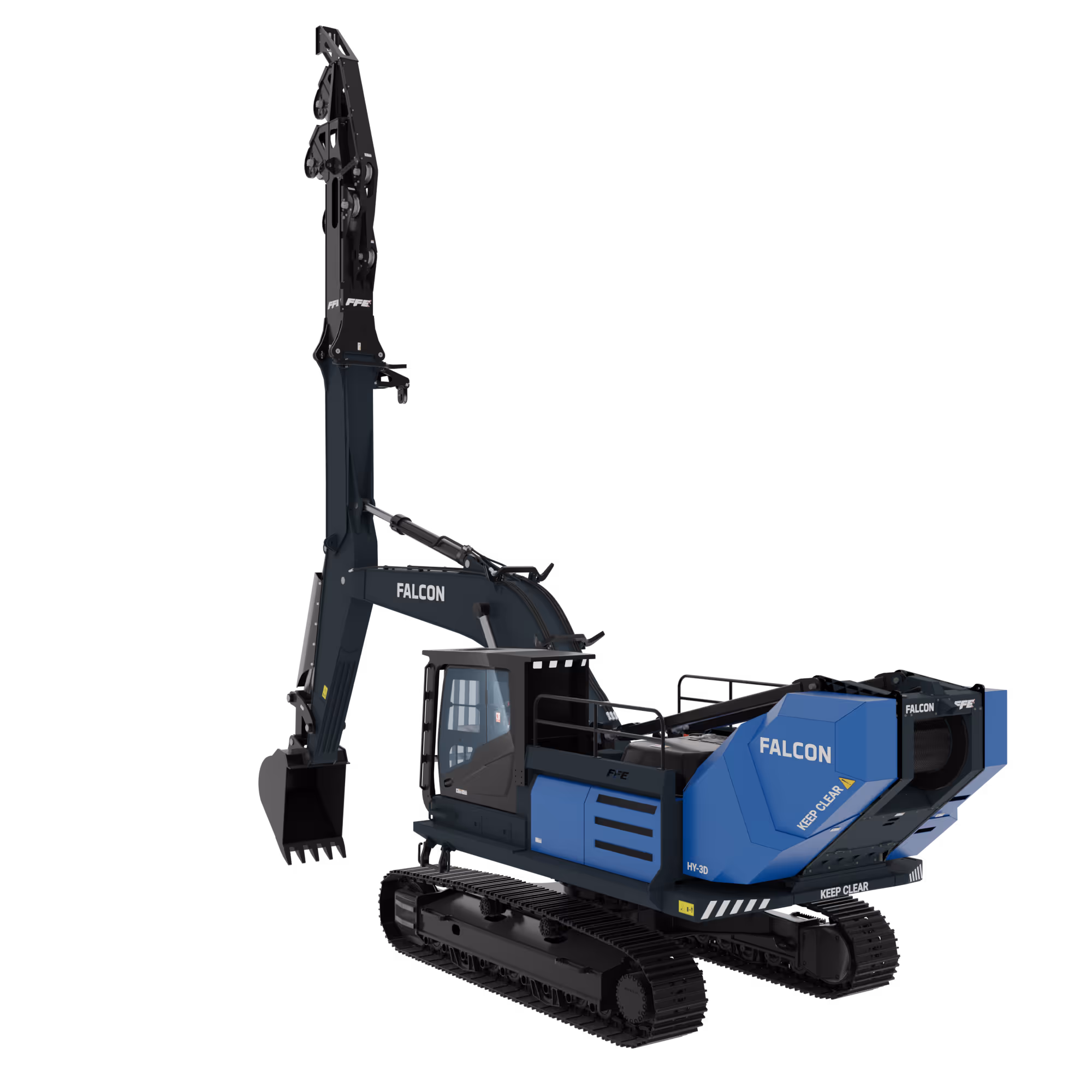Blue and black Falcon HY-3D heavy excavator with extended arm and bucket on black track base.
