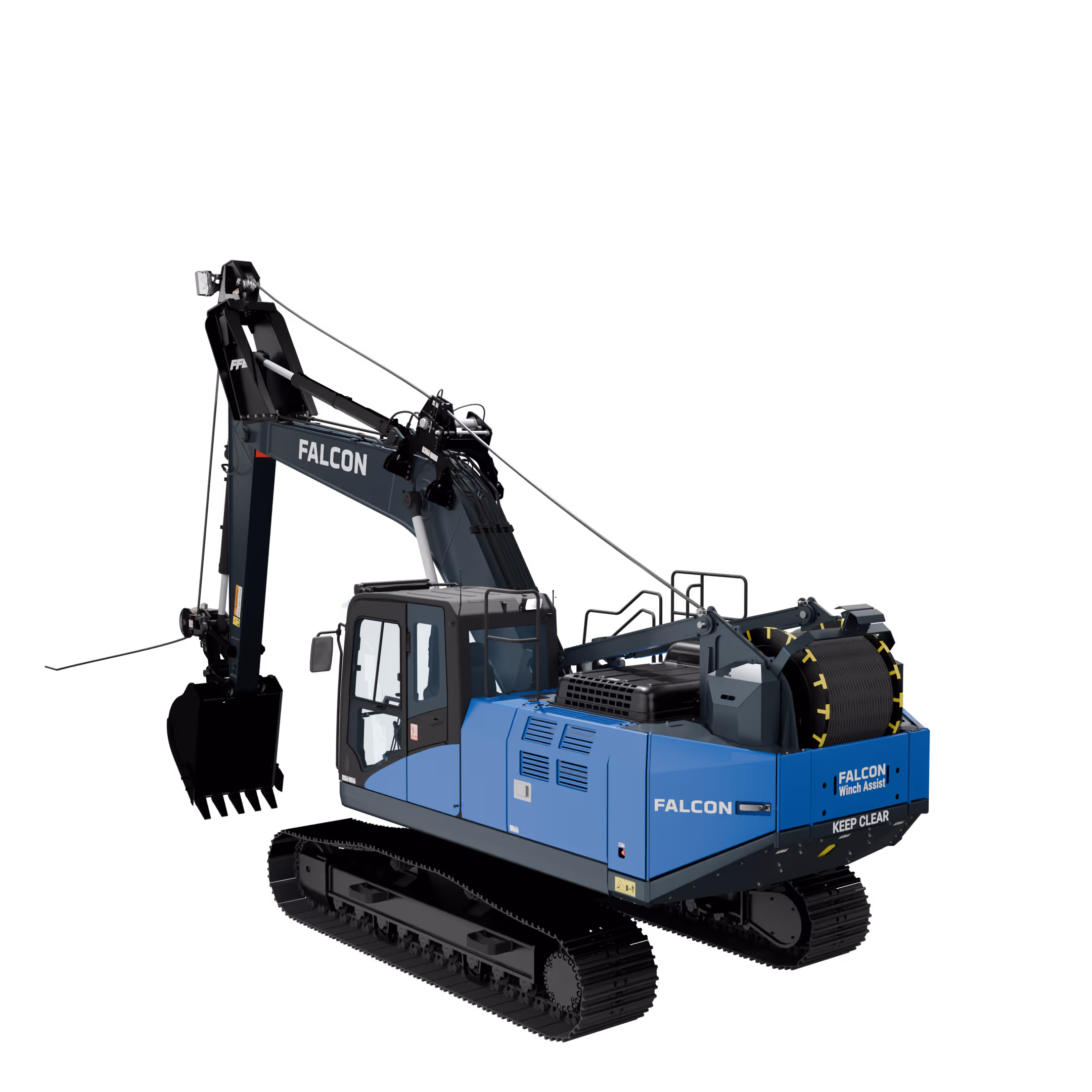Blue Falcon excavator with crawler tracks, winch, and arm with bucket attachment.