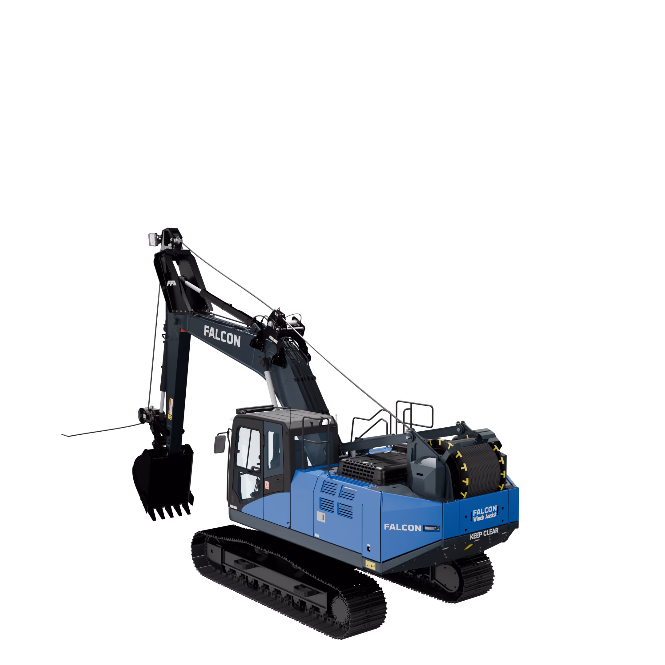 Blue Falcon excavator with tracked wheels and a large winch at the rear.