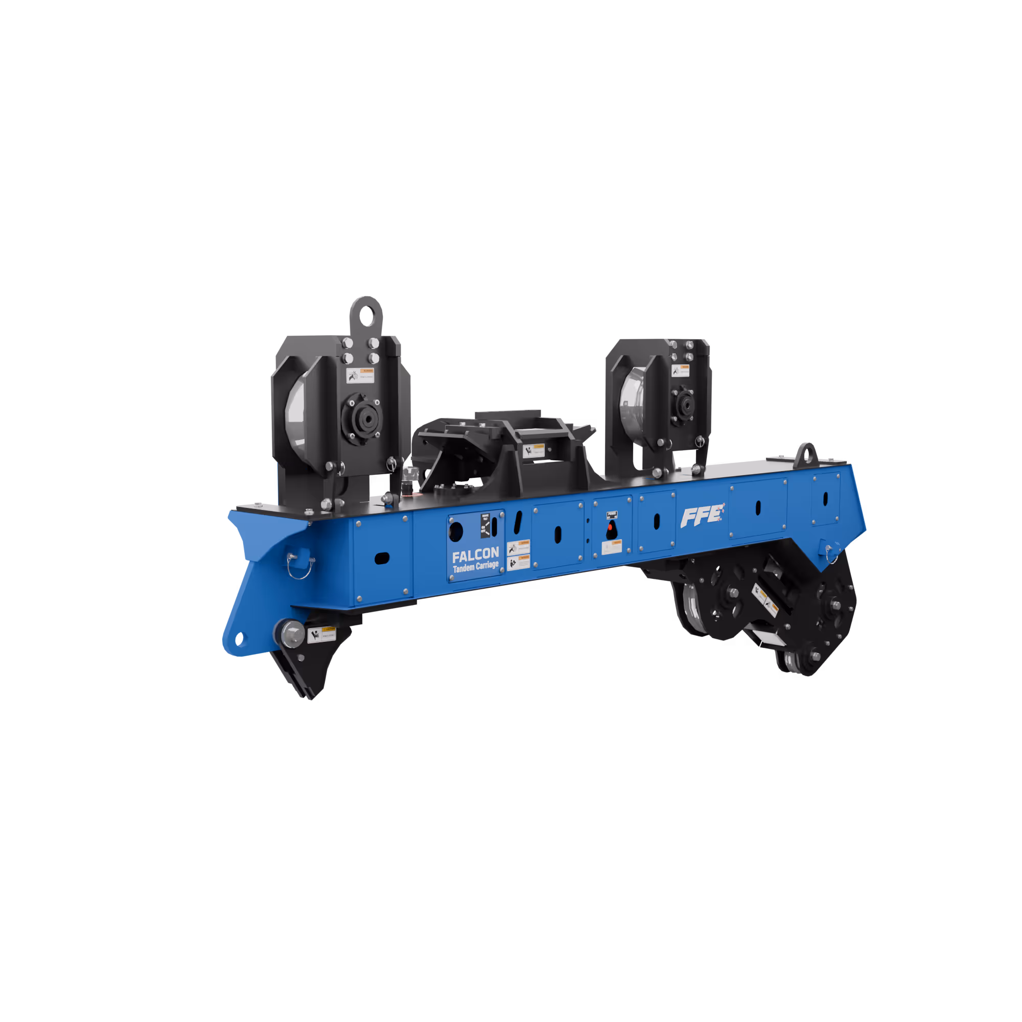 Blue Falcon Tandem Carriage with black roller and mechanical components against black background.