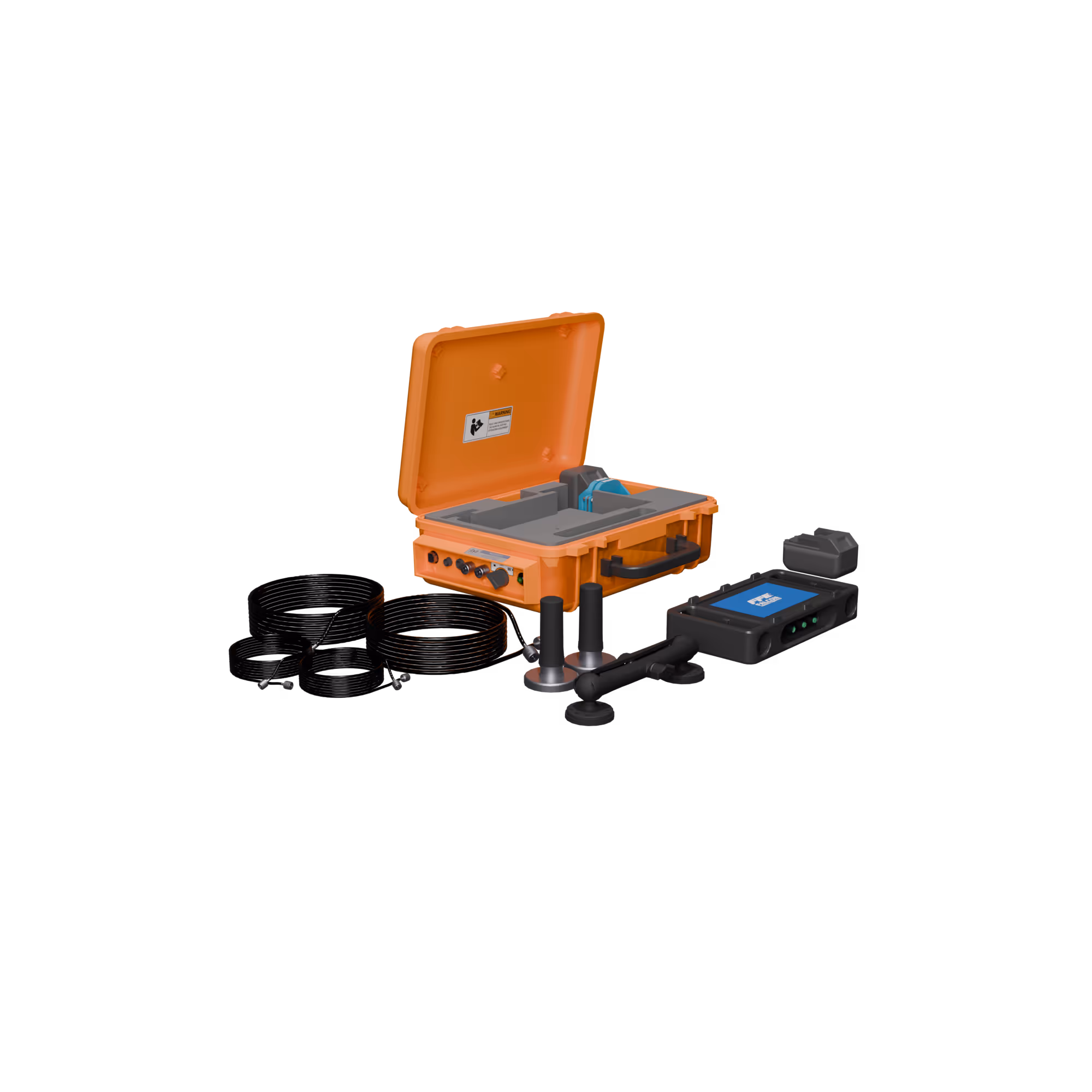 Orange open case with electronic components, black cables, sensors, and a handheld device with screen.