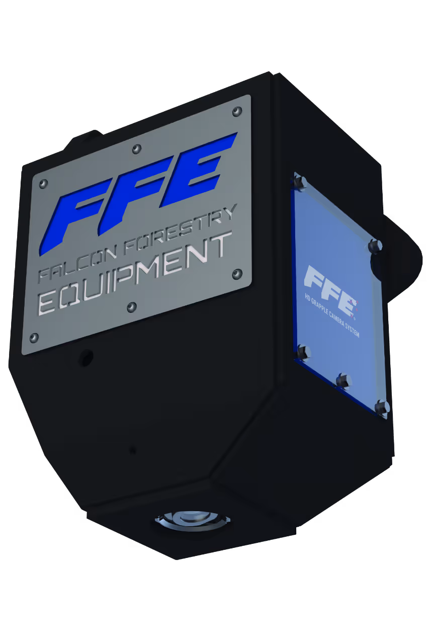 Black forestry equipment camera with blue FFE logo and Falcon Forestry Equipment label.