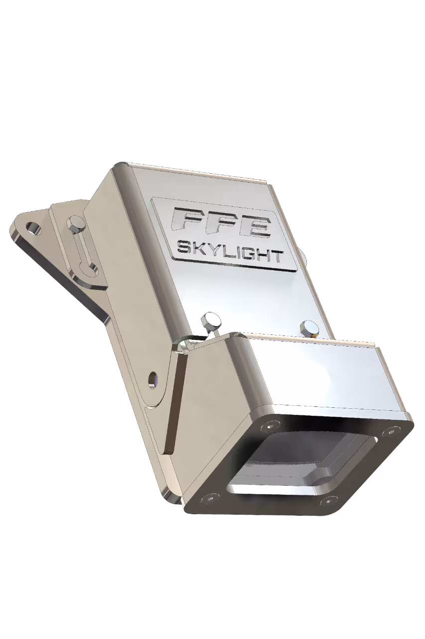 Metal mechanical component labeled FFE Skylight with mounting brackets and bolts.