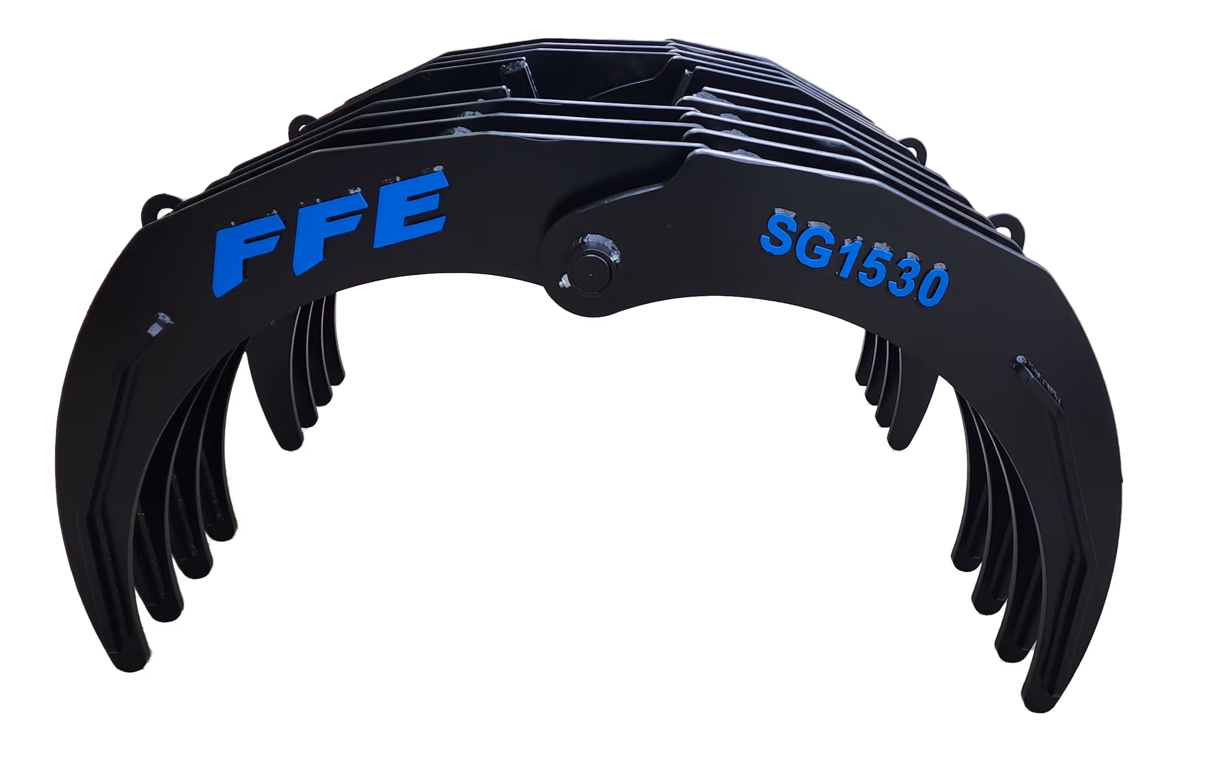 Black heavy-duty grapple attachment with blue letters FFE and model SG1530.