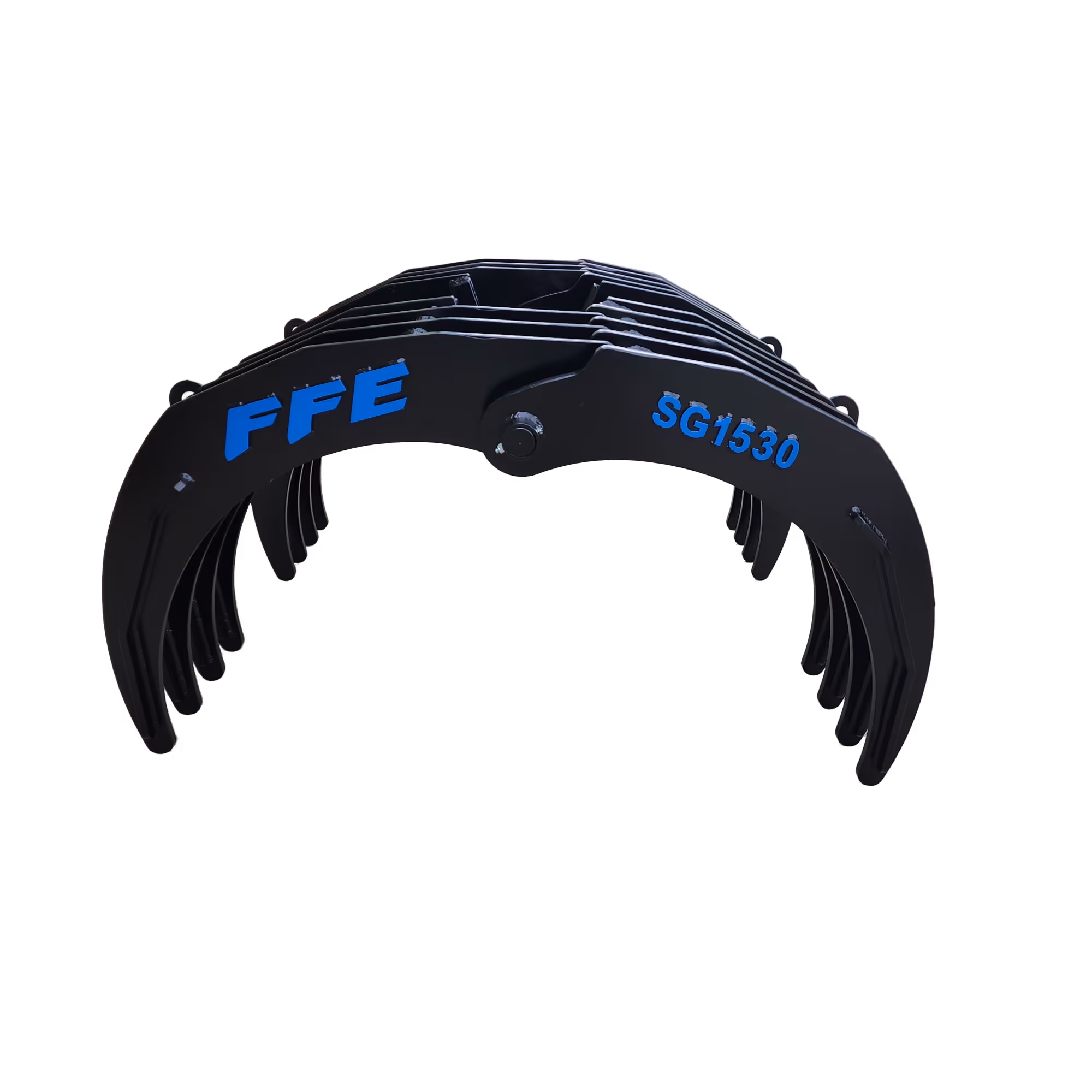 Black industrial grapple with blue labels FFE and model SG1530 on each side.