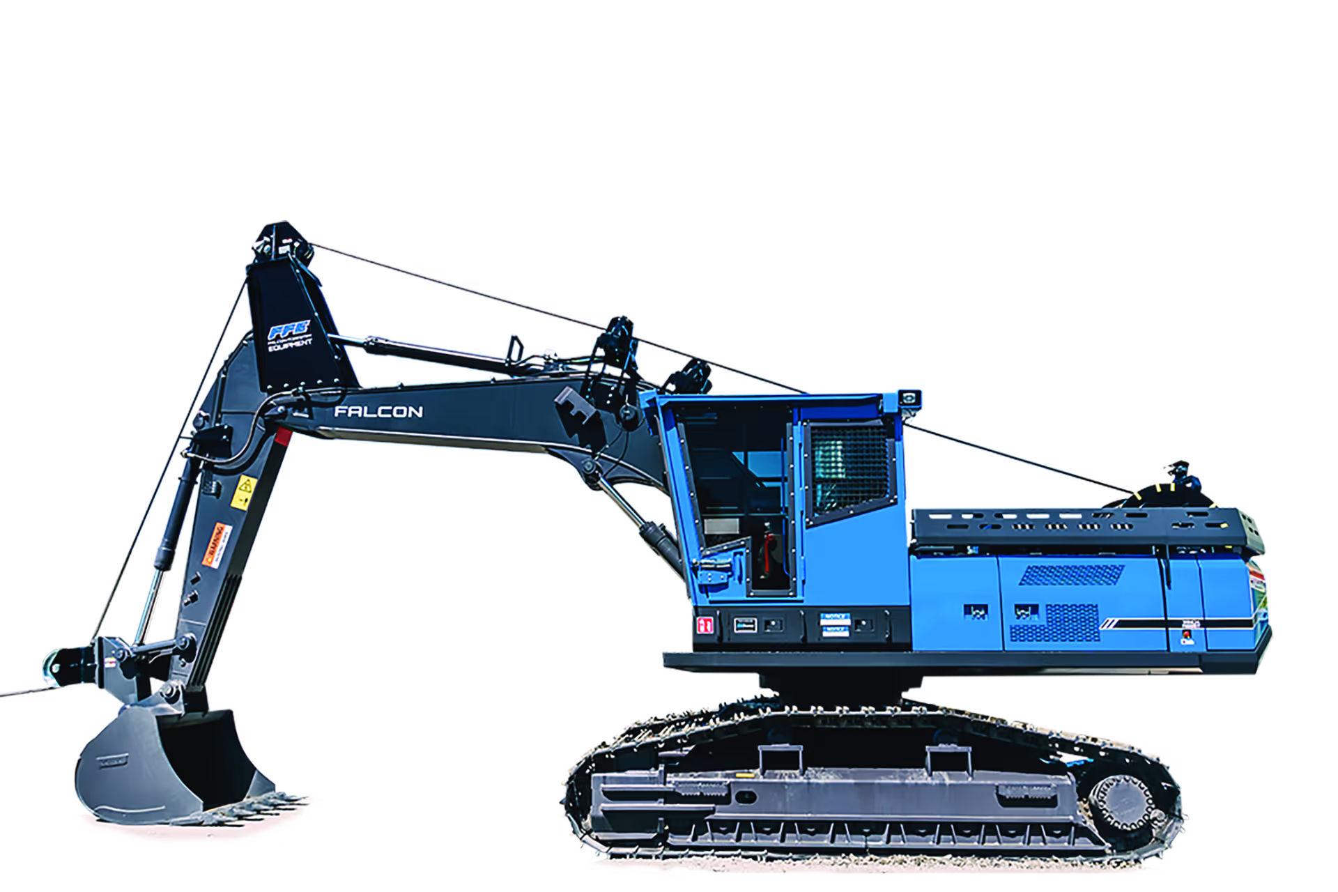 Blue and black tracked excavator with a large arm and bucket attachment.