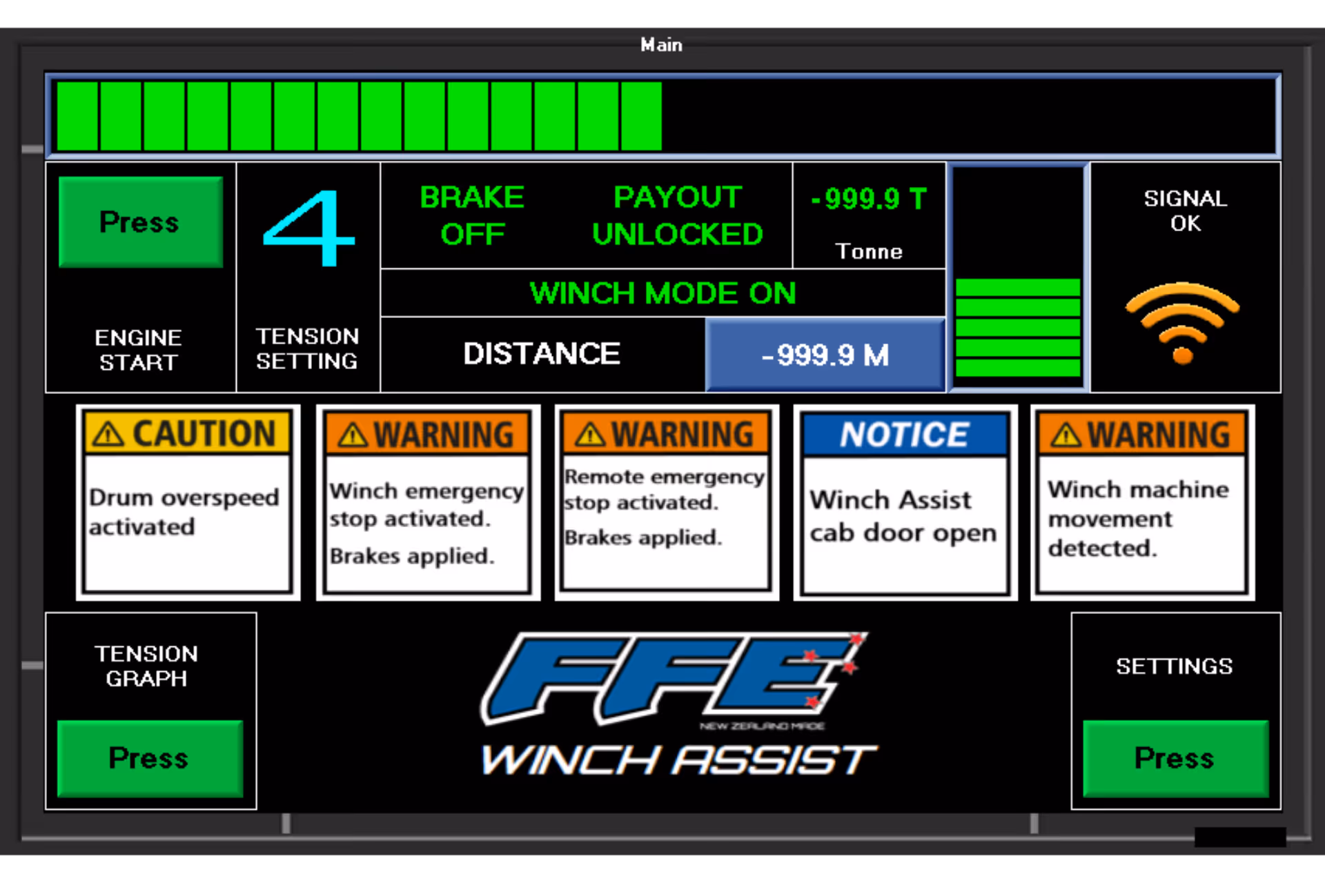 Winch Assist screen showing tension, warnings, distance, payout unlocked, brake off, and signal OK.