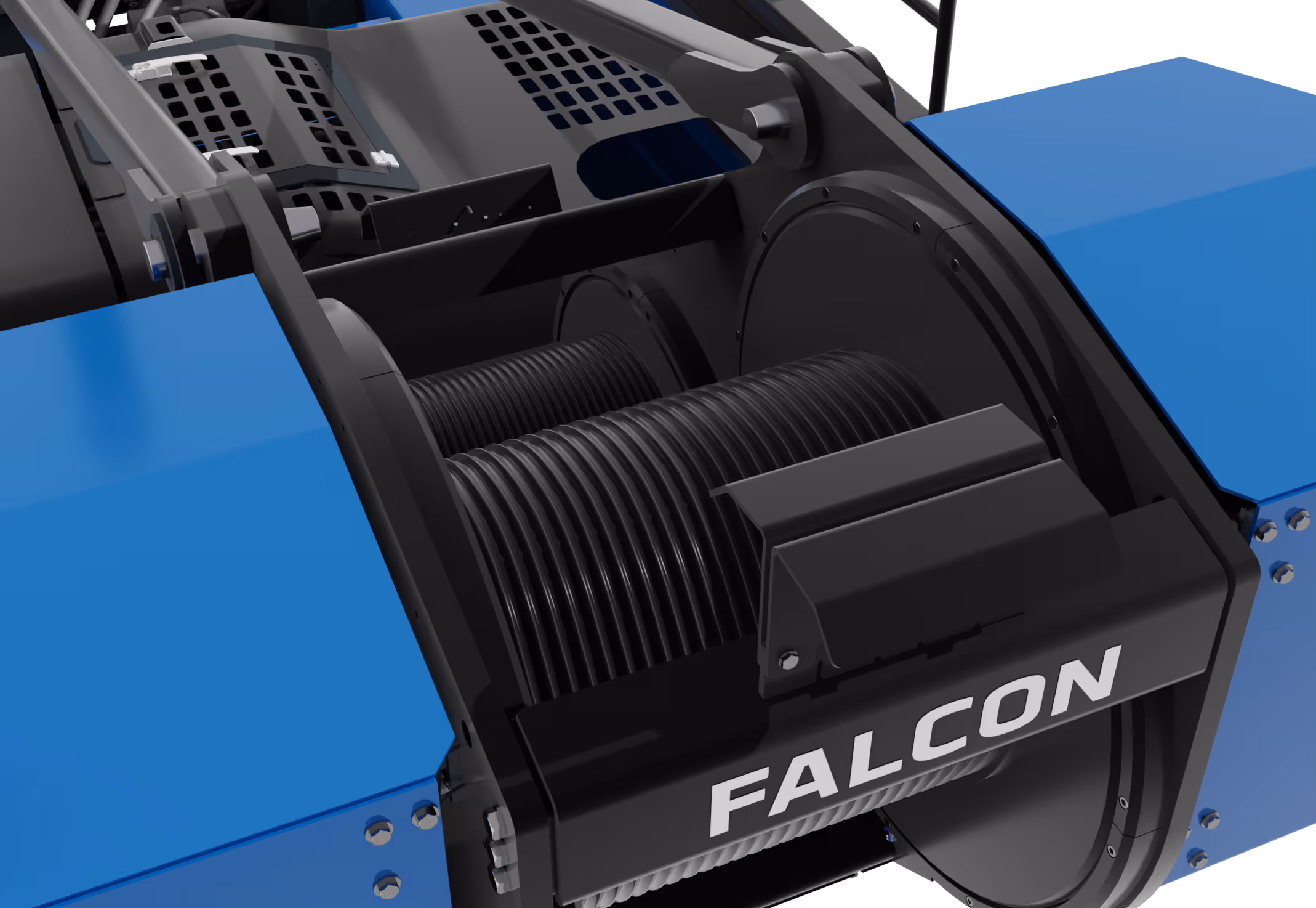 Close-up of a Falcon branded industrial winch with coiled black cable and blue metal parts.