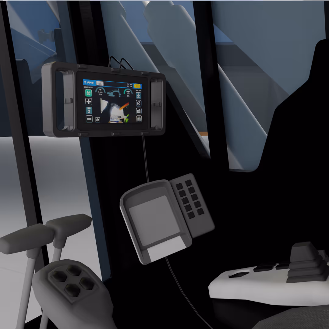 Control panel and joystick inside a construction vehicle cabin with a digital display screen showing machine data.