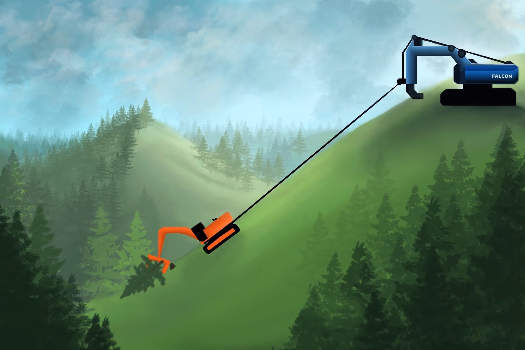 Blue winch machine on hill pulling orange excavator uphill with cable in forested mountainous terrain.