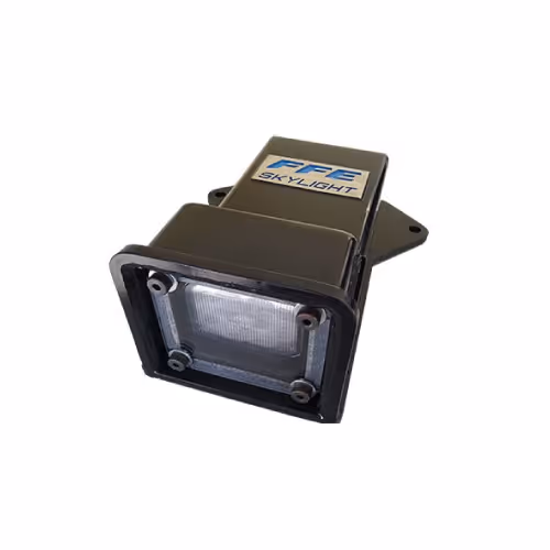Black rectangular skylight light fixture with clear lens and label reading PPL Skylight.