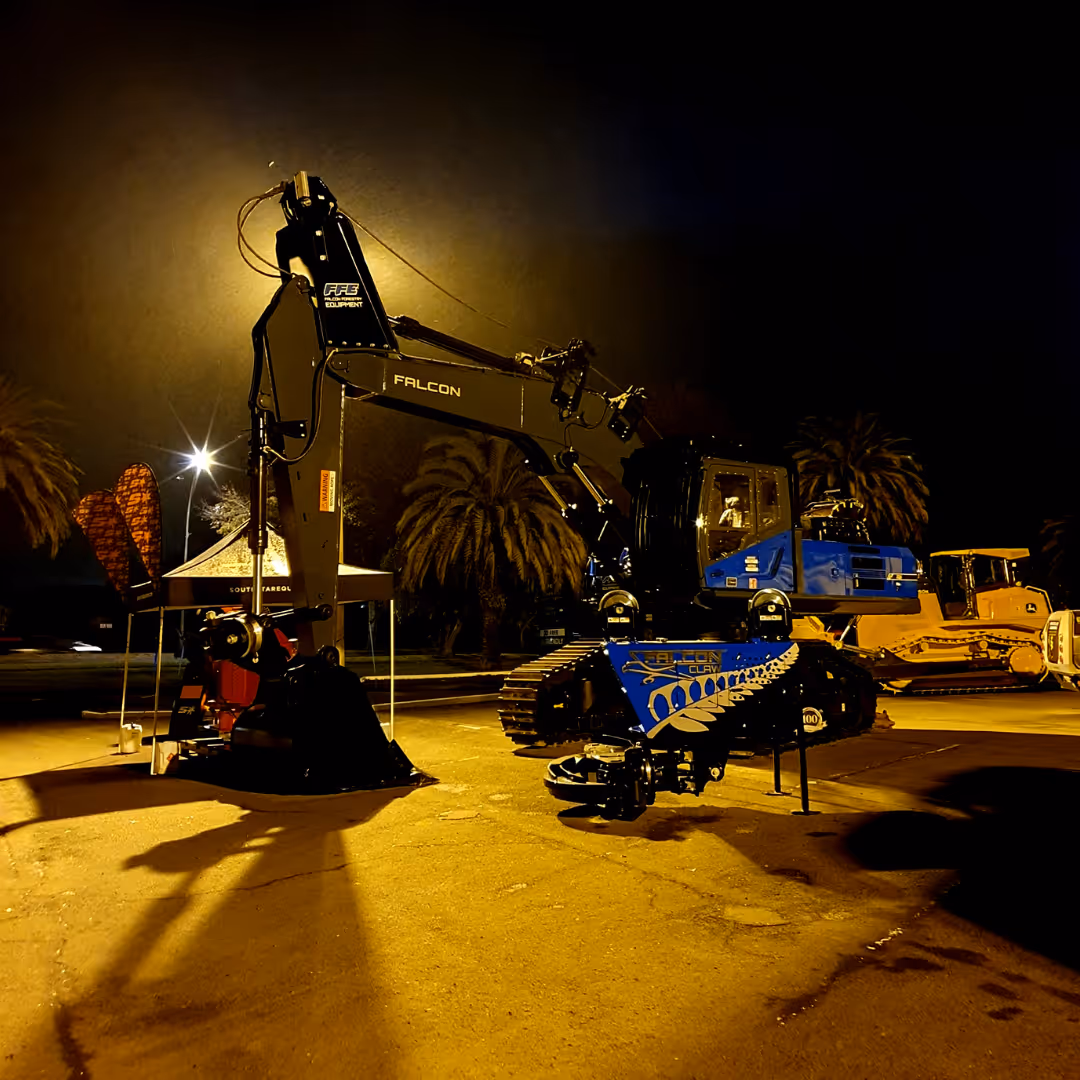 Large blue Falcon Claw excavation machine lit at night in outdoor display area with palm trees.