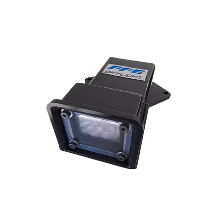 Black metal rectangular housing unit labeled FFE Skylight with a square glass recessed light.