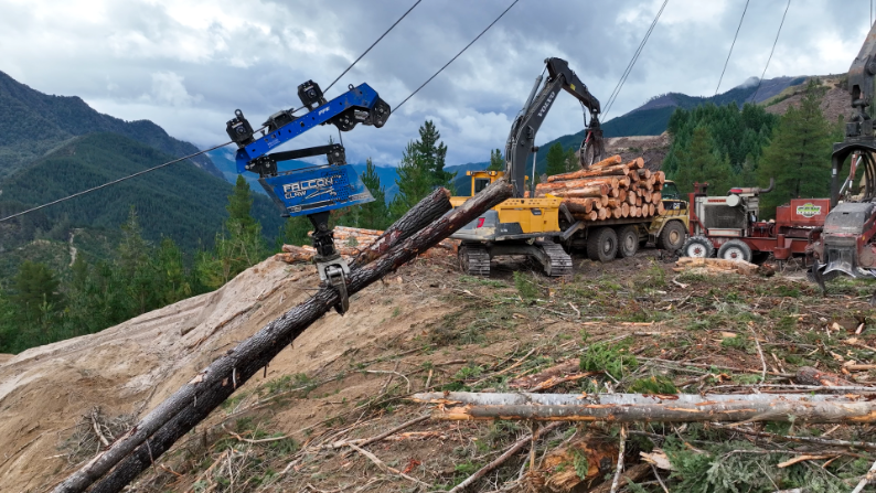 Forestry machine lifting logs with crane at a mountain logging site with stacked timber and equipment.