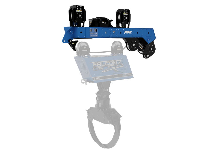 Blue and black Falcon Claw 1150 mechanical grapple with a claw attachment on a black background.