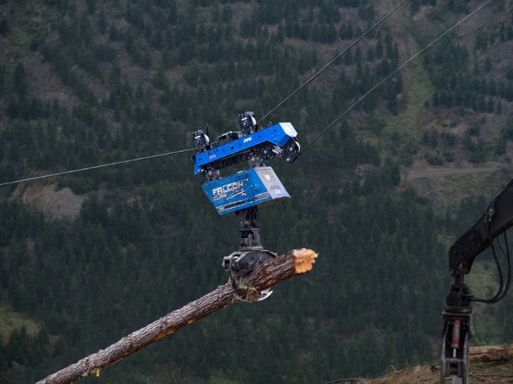 Blue Falcon Claw machine lifting a large tree trunk in a forested mountain area.