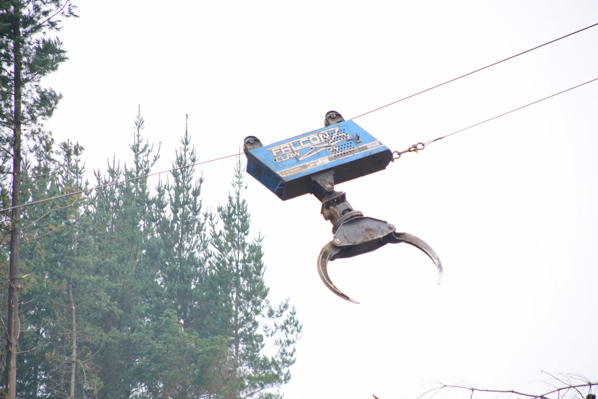 Blue Falcon Claw grapple suspended by cable above pine trees in a logging area.