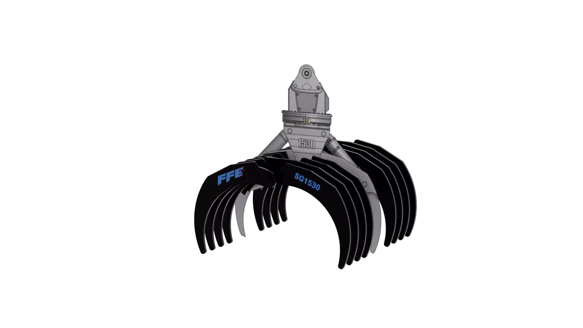 Industrial grapple claw with black curved tines labeled FFE SG1530 on a dark background.