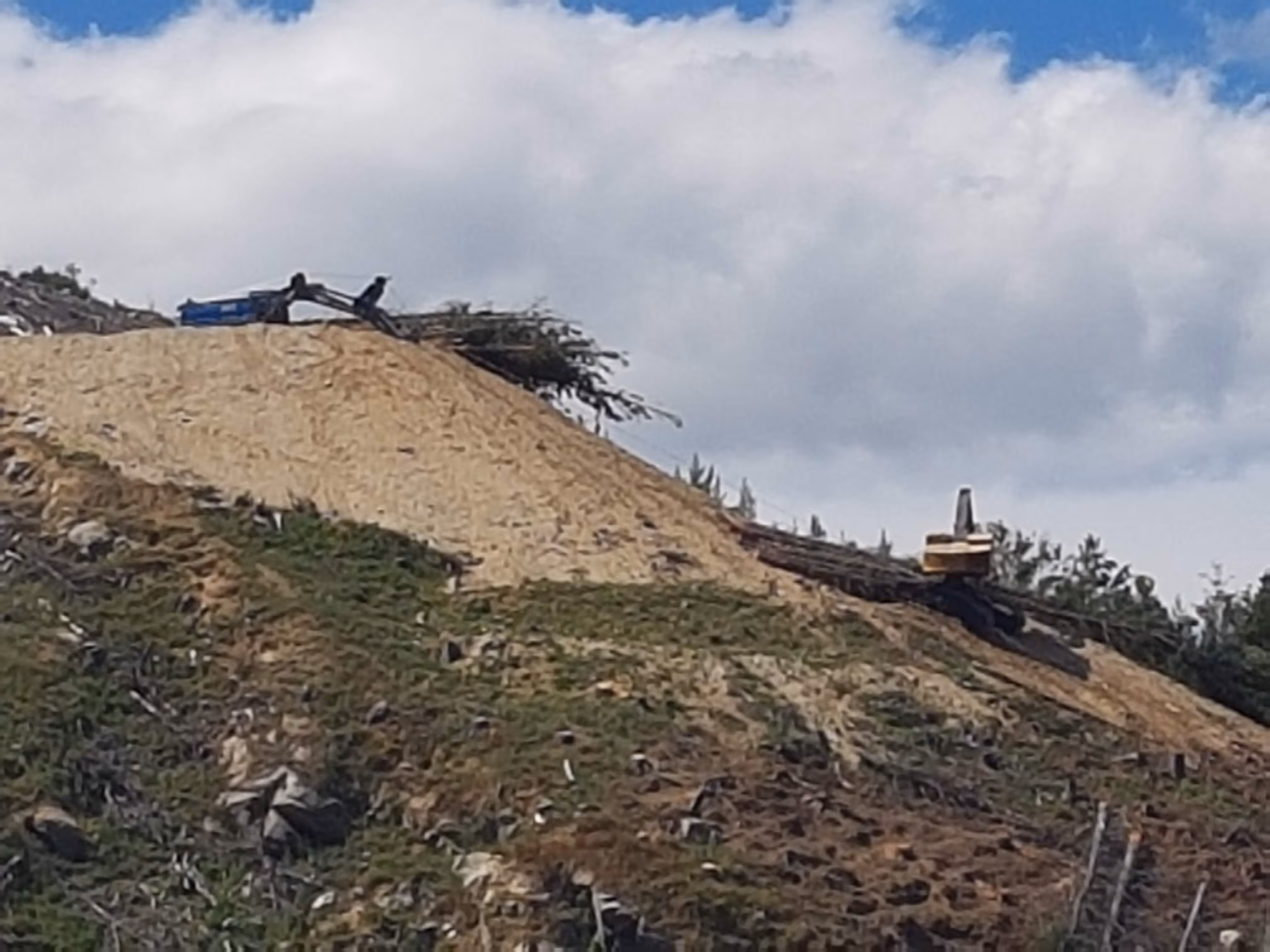 Two excavators on hillside moving logs and dirt under a partly cloudy sky.