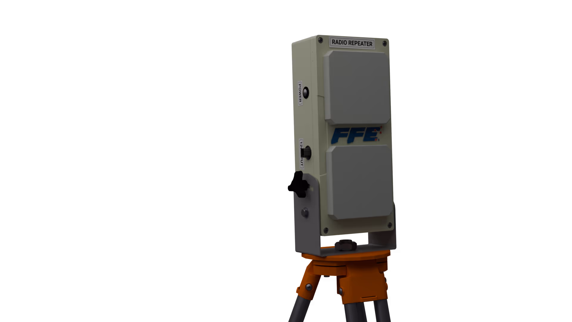 Radio repeater device labeled FFE mounted on an orange tripod against a black background.