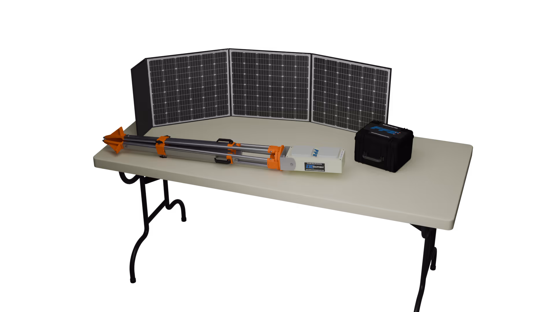 Folded tripod, three solar panels, and black equipment case on white folding table.