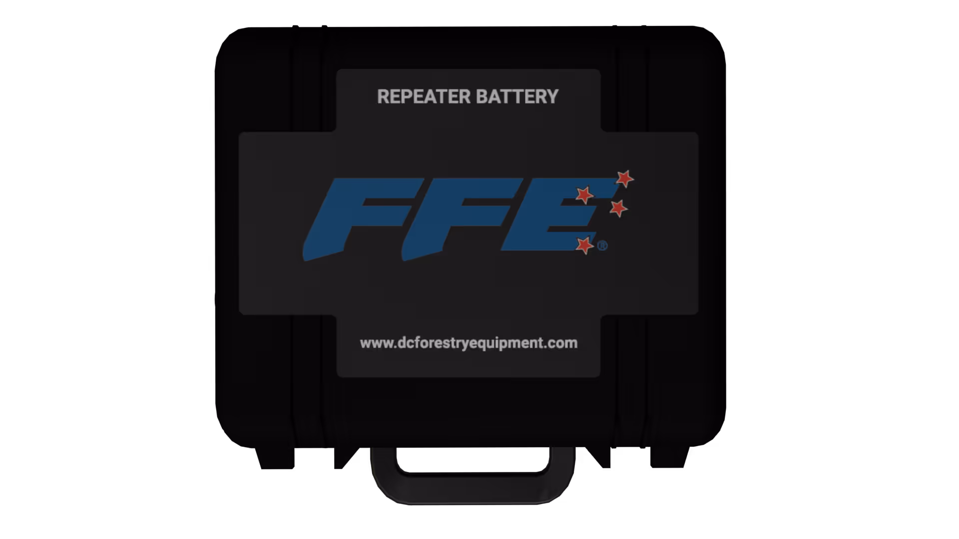 Black case labeled Repeater Battery with blue FFE logo and website www.dcforestryequipment.com.