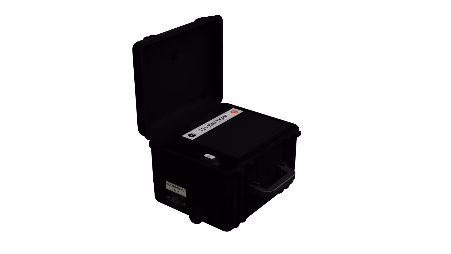 Black portable case with an open lid containing a 12V battery and solar panel input port.