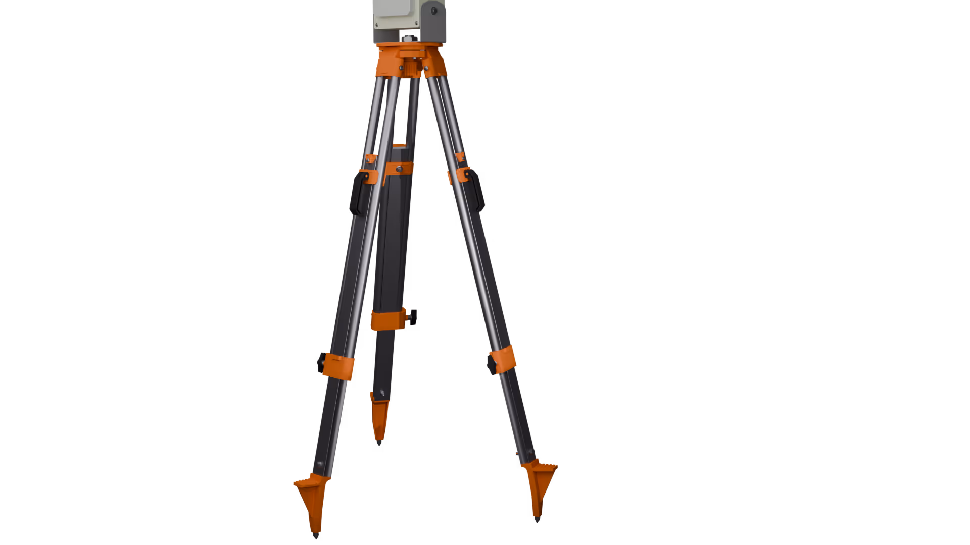 Tripod stand with metal legs and orange plastic clamps and feet on a black background.