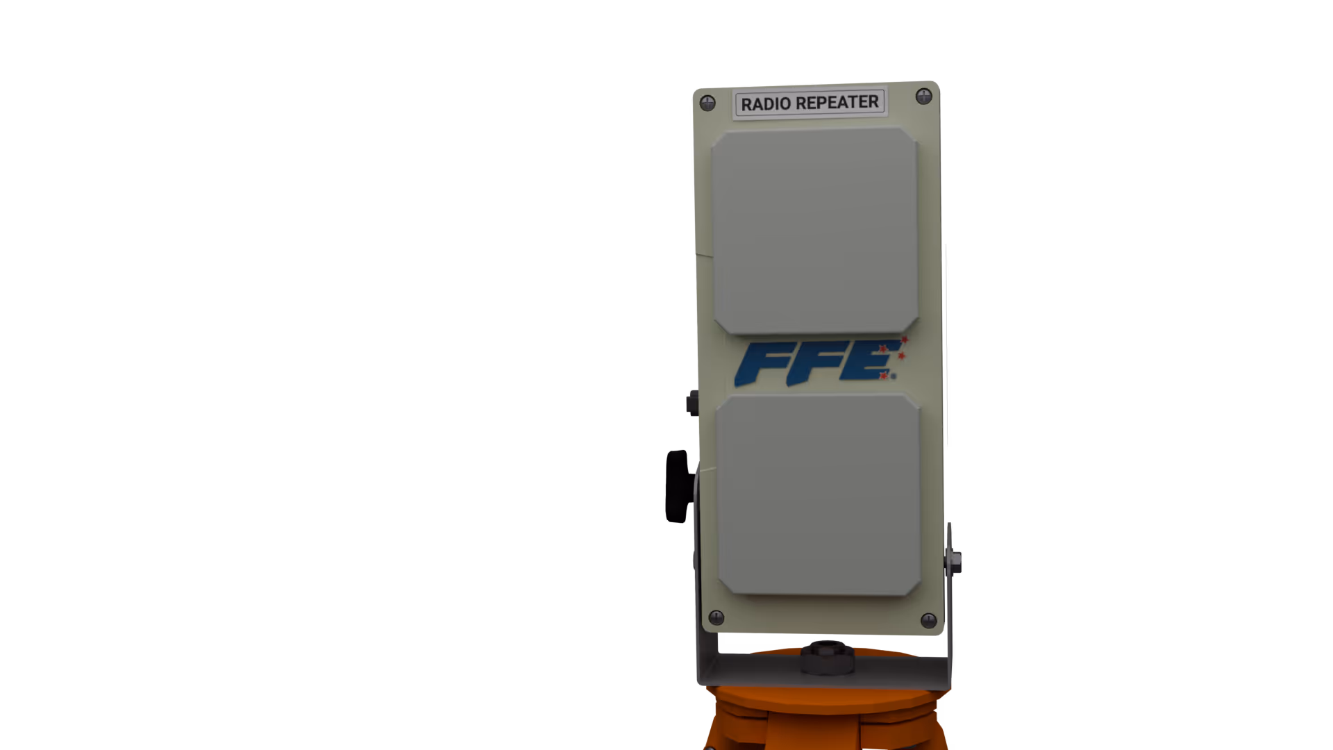 Front view of a beige radio repeater device with FFE logo and orange base against black background.