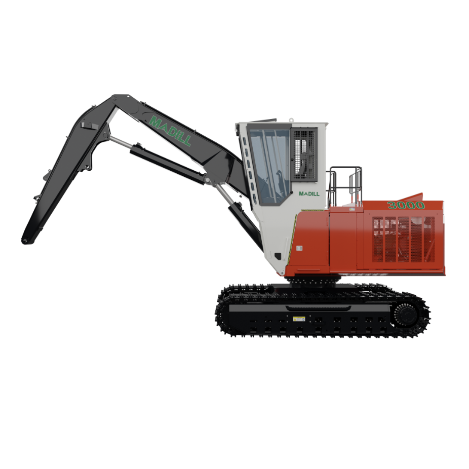 Madill 3000 tracked excavator with black arm and red and white body on a white background.