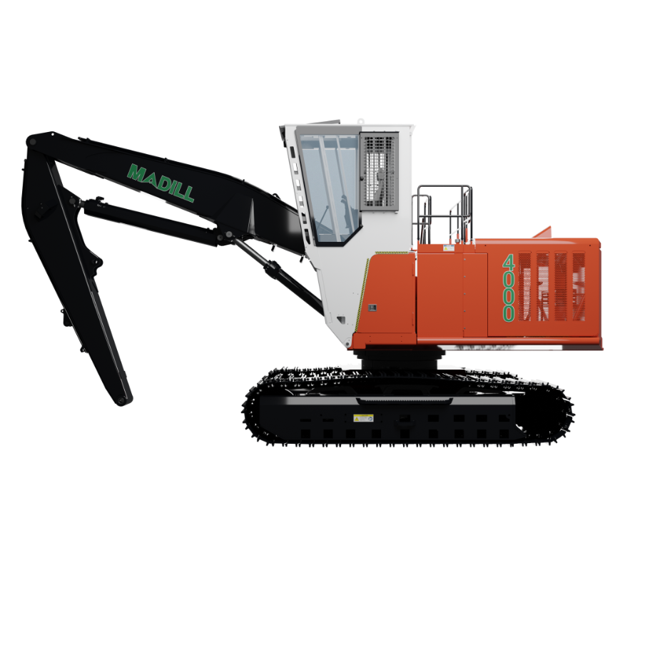 Side view of Madill 4000 industrial excavator with black arm, white cabin, orange base, and tracks.