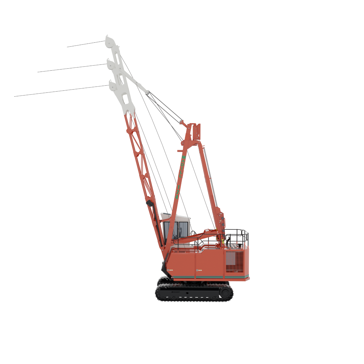 Side view of a red crawler crane with white pulley blocks and a cabin on tracks.