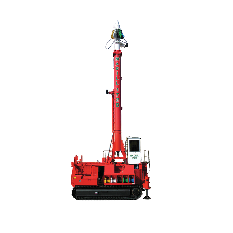 Red Madill 172B tracked crane with extended vertical boom on white background.