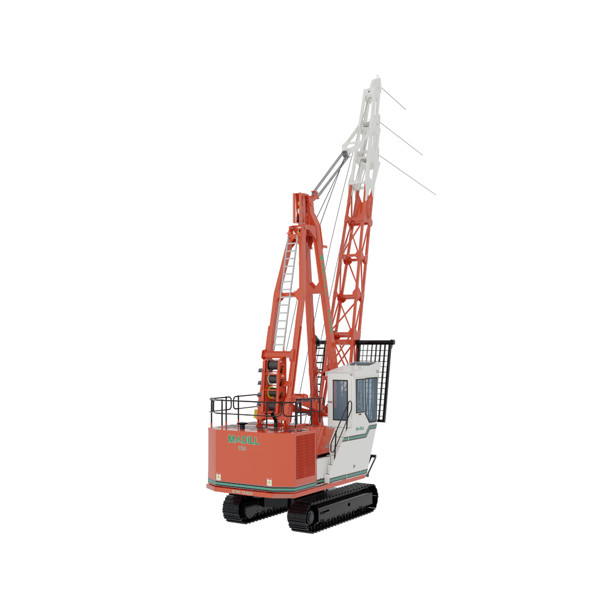 Red and white tracked Madill crane with lattice boom and operator cabin isolated on black.