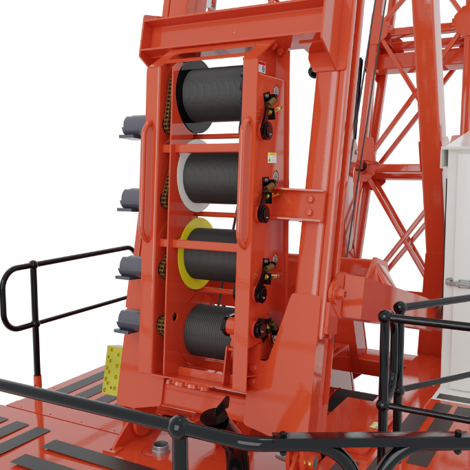 Close-up of red crane hoist system with four cable drums and black safety railings.