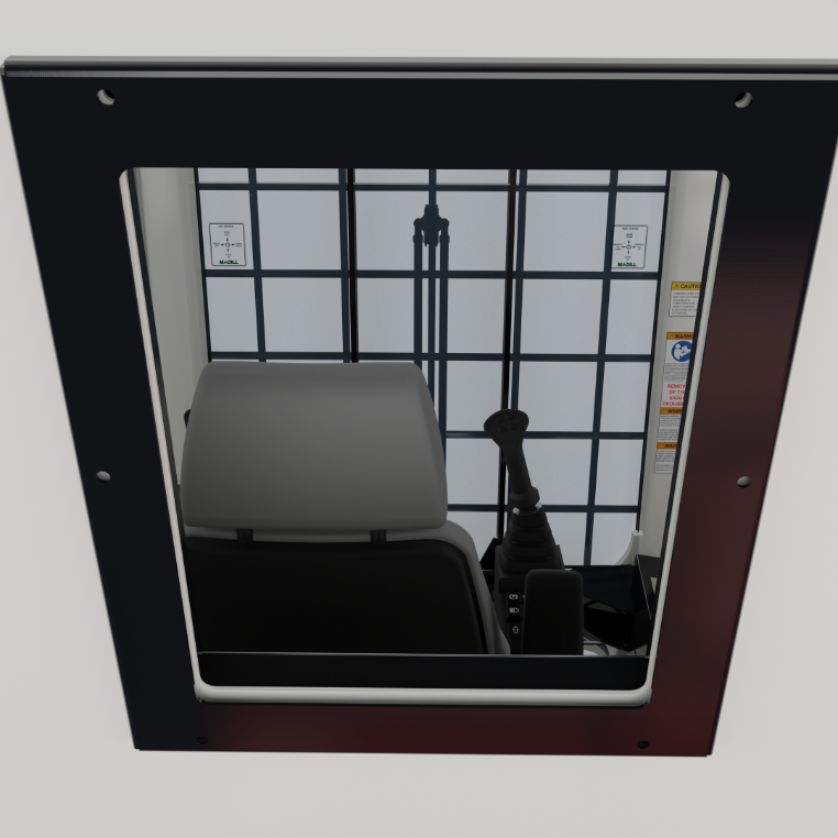 View through a black frame showing a gray seat and control lever inside an industrial or vehicle cabin.